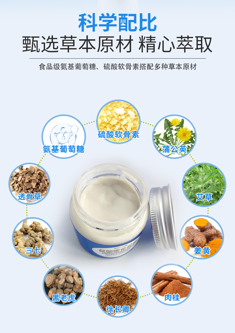 科學配比，甄選草本原材精心萃取，食品級氨基葡萄糖、硫酸軟骨素搭配多種草本原材